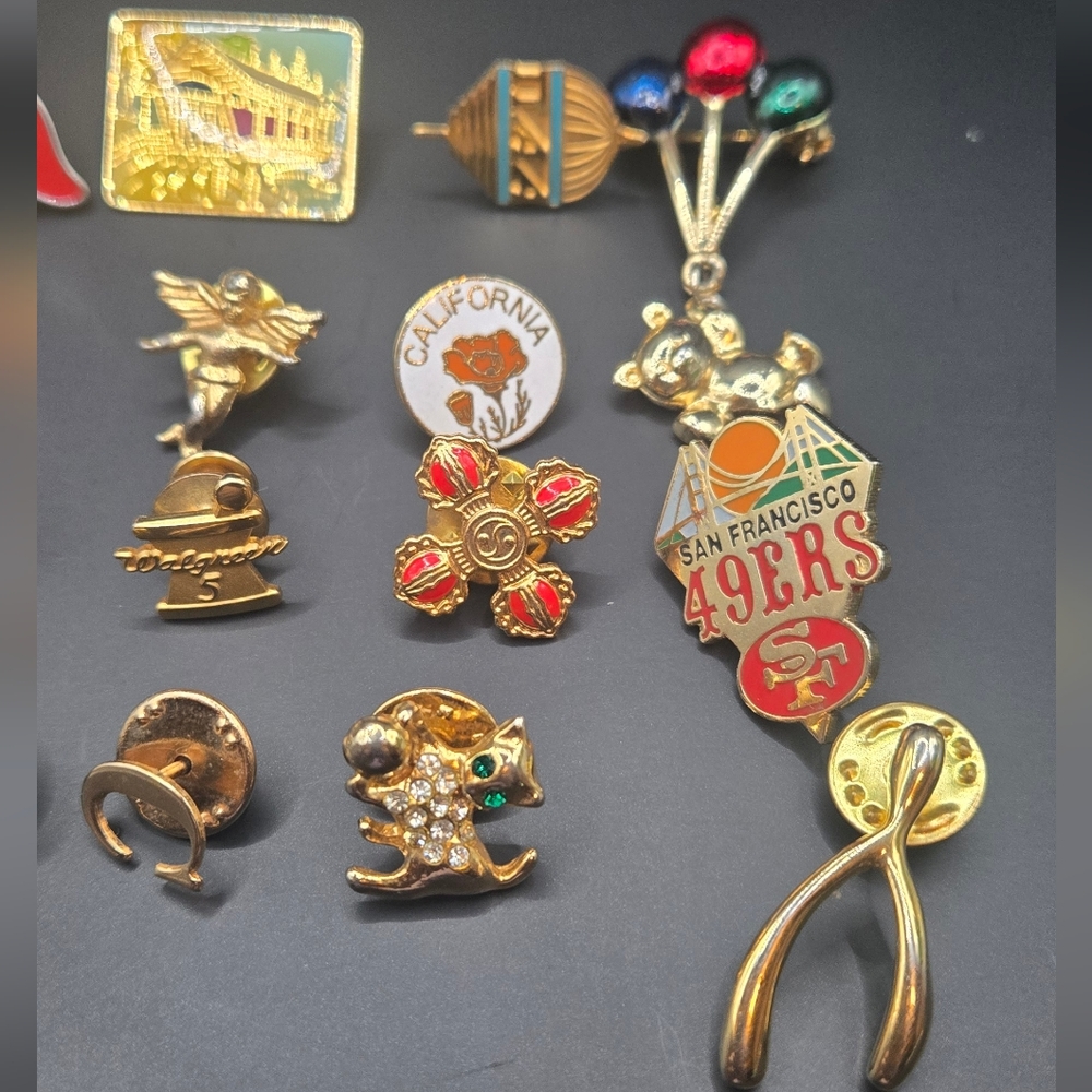 Mixed Vintage Gold Tone Enamel Pin Collection with Red & Pink Accents - Picture 3 of 5